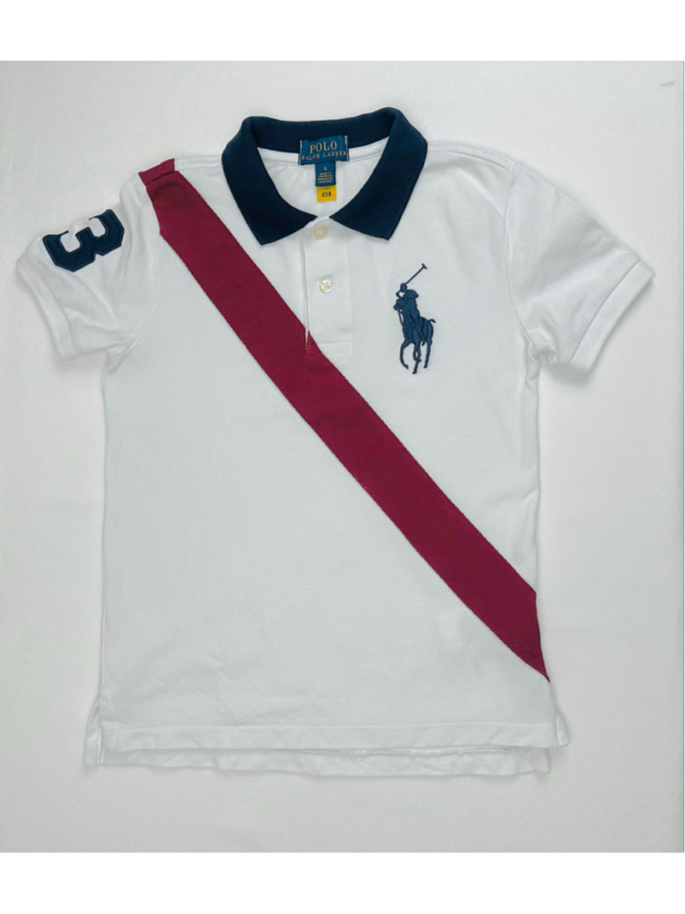 Polo Ralph Lauren Boys Size 6 Big Pony Polo Shirt Red Sash Stripe Navy Collar